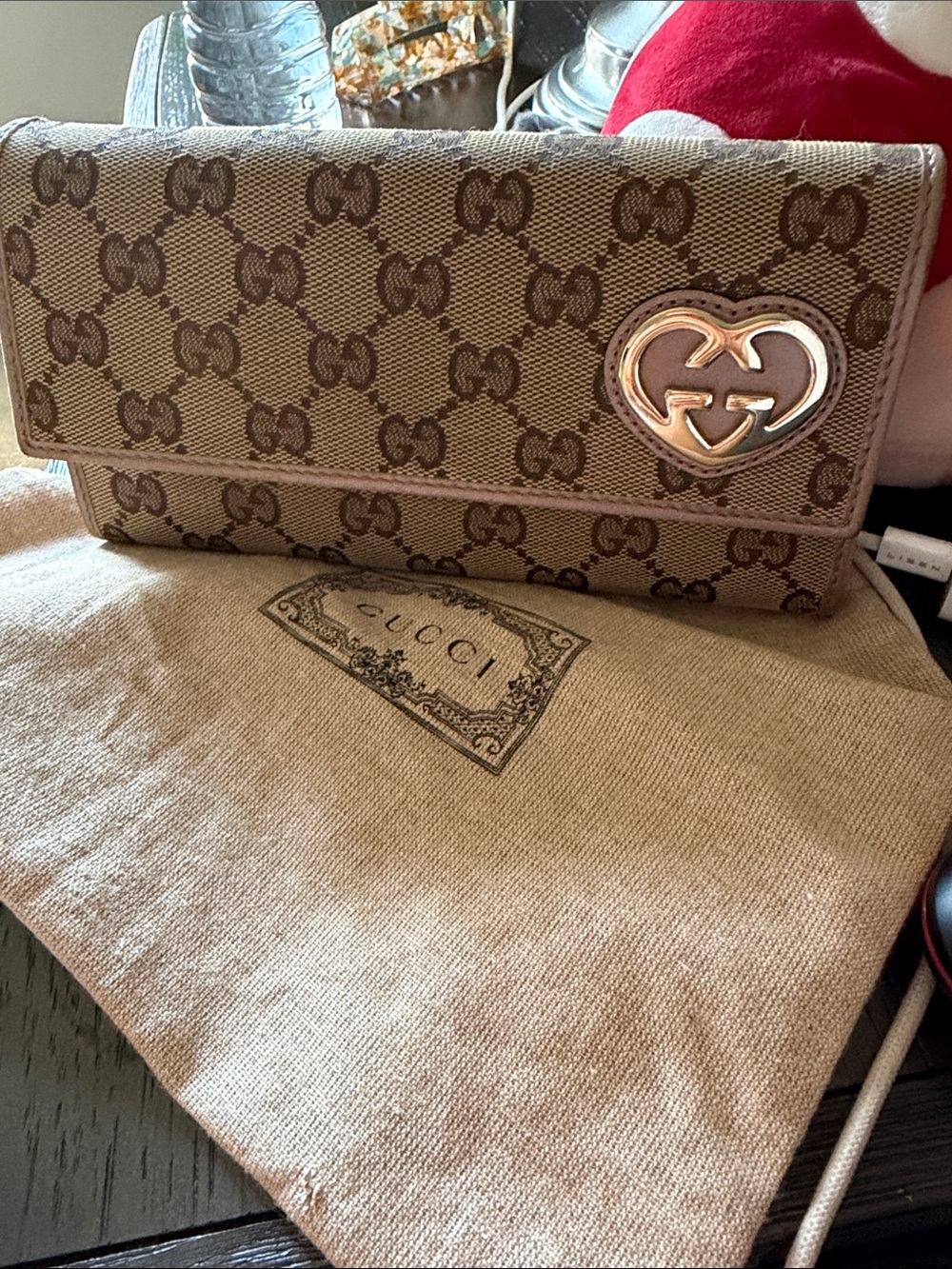 Gucci Brown Monogram Continental Wallet with Heart Logo